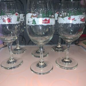Vintage Libbey (6) Holiday Wine/Tea/Water Glasses w/Snowy Winter Village Design